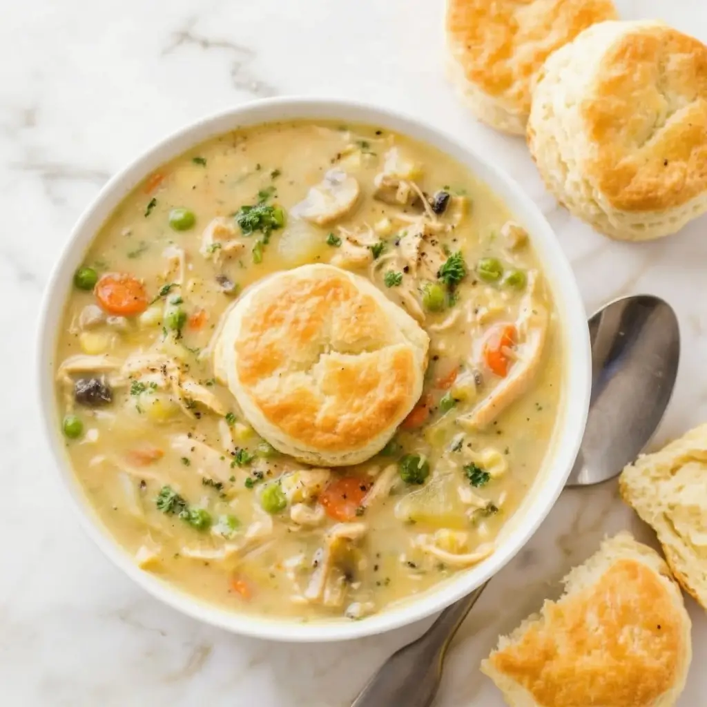 Chicken Pot Pie Soup in a white bowl topped with a flaky buttermilk biscuit, filled with chicken, carrots, peas, mushrooms, and noodles in creamy broth