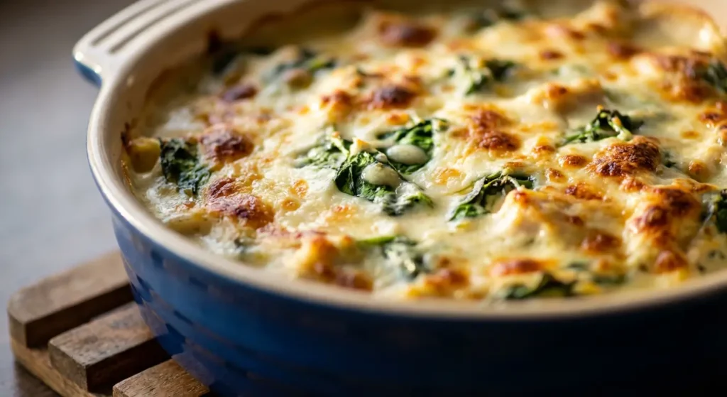 Chicken Spinach and Cheese Pasta baked in a blue ceramic dish with golden-brown melted cheese and wilted spinach, served on a wooden trivet