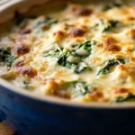 Quick Chicken, Spinach and Cheese Pasta Bake: Your Family Will Love It! 7 Chicken Spinach and Cheese Pasta baked in a blue ceramic dish with golden-brown melted cheese and wilted spinach, served on a wooden trivet
