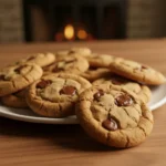 Freshly baked chocolate chip cookie with melted chocolate chips and a soft, golden-brown center