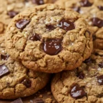 Chocolate Chip Oatmeal Cookies (Quick and Easy) 7 Chocolate chip oatmeal cookies with chewy oats and melted chocolate chips on a baking tray.