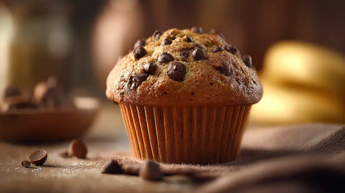 Chocolate chip banana muffins with a soft, moist crumb and melted chocolate chips.