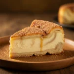 Churro cheesecake with a creamy center, cinnamon sugar topping, and golden flaky crust.