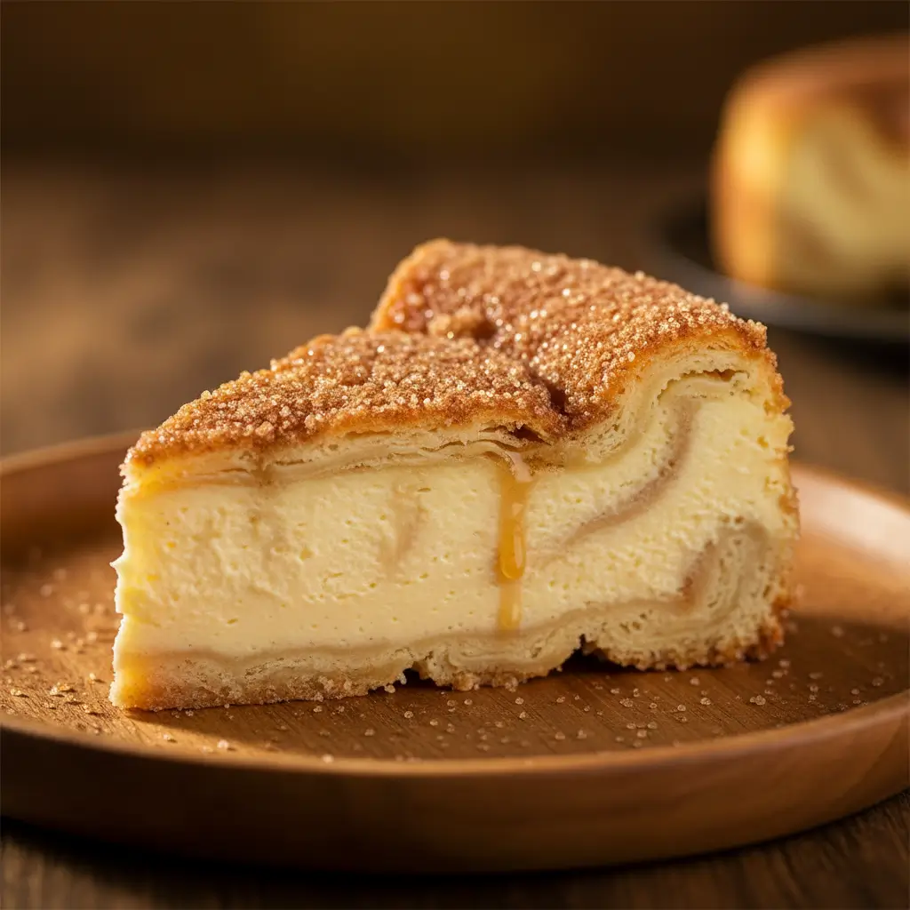 Churro cheesecake with a creamy center, cinnamon sugar topping, and golden flaky crust.