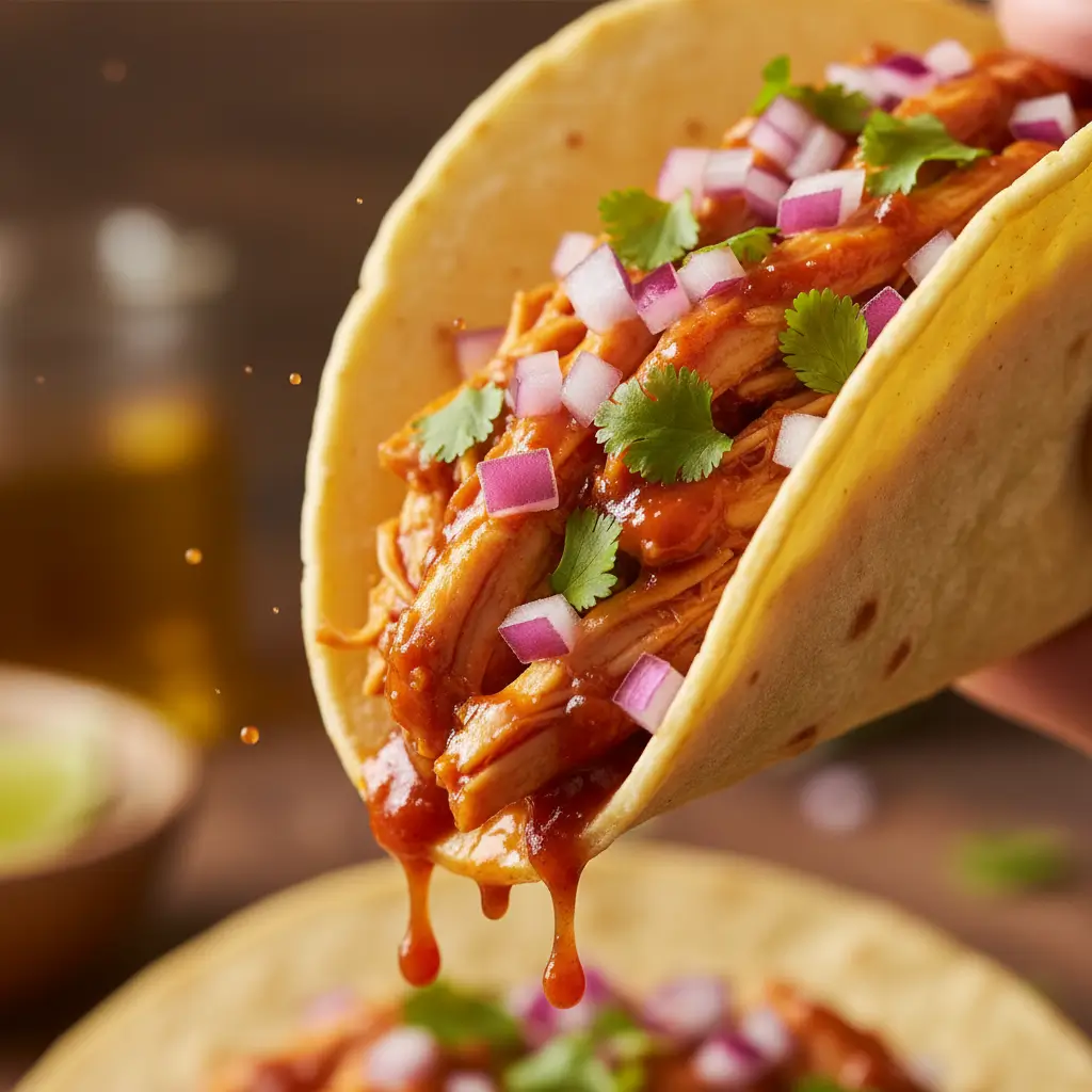 Shredded crockpot chicken taco filling served with tortillas and fresh toppings