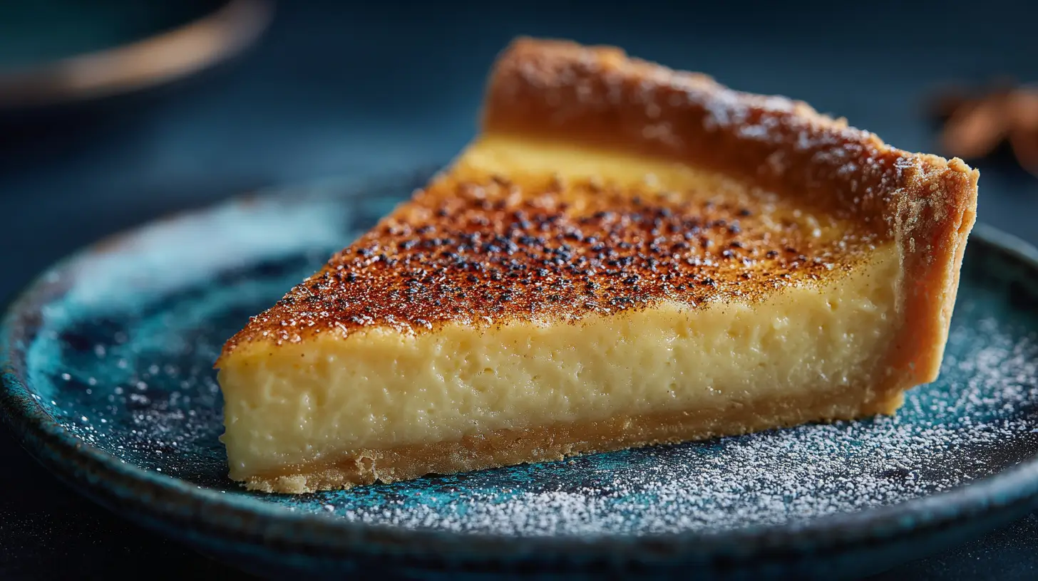 Classic egg custard pie with a smooth, creamy filling and golden baked crust.