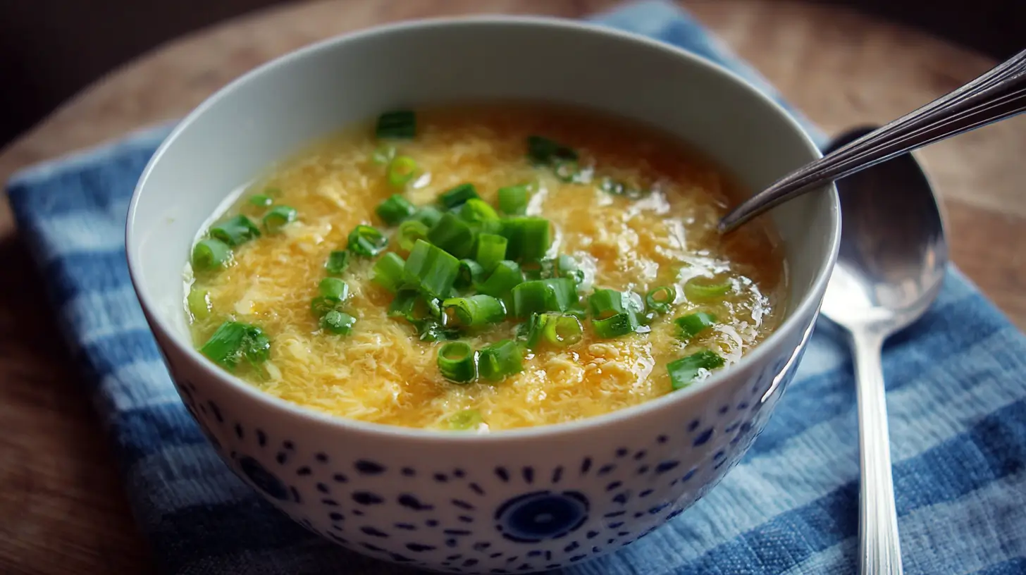 Egg drop soup with silky egg ribbons in a clear, savory broth.