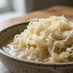 Easy Fermented Cabbage (Sauerkraut) 7 Fermented Cabbage (sauerkraut) served in a rustic speckled ceramic bowl with natural brine, showing pale yellow tangy strands on a linen cloth