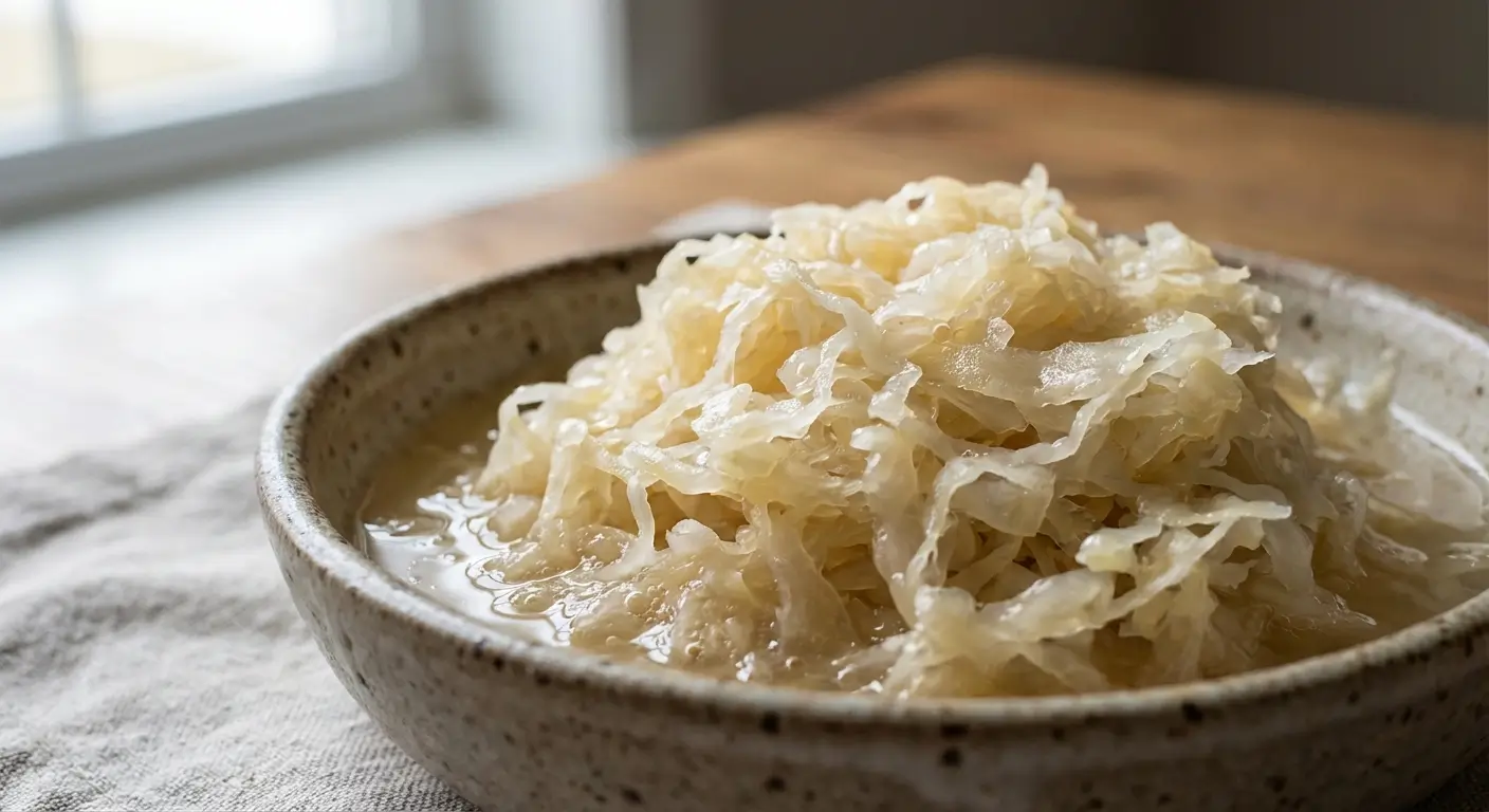 Easy Fermented Cabbage (Sauerkraut) 4 Fermented Cabbage (sauerkraut) served in a rustic speckled ceramic bowl with natural brine, showing pale yellow tangy strands on a linen cloth