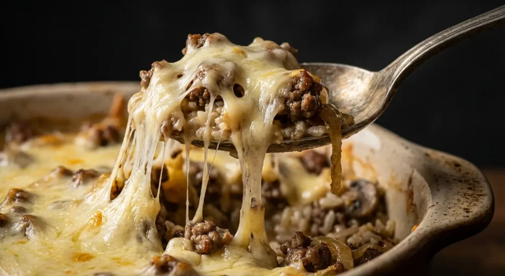French Onion Ground Beef and Rice Casserole on a spoon showing melted cheese stretching from the baking dish with caramelized onions, ground beef, and rice