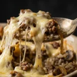 Quick and Easy French Onion Ground Beef and Rice Casserole 7 French Onion Ground Beef and Rice Casserole on a spoon showing melted cheese stretching from the baking dish with caramelized onions, ground beef, and rice