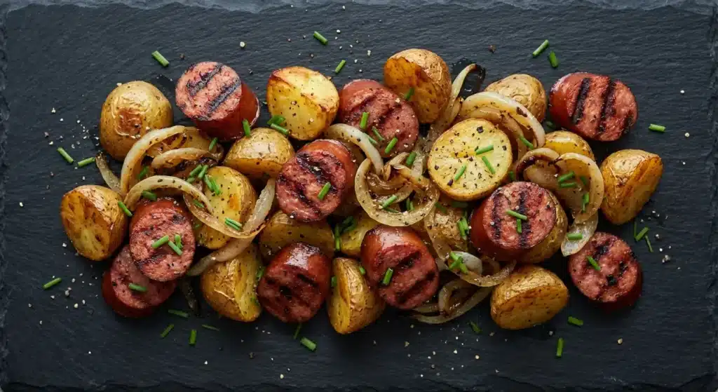 Fried Potatoes and Onions with Smoked Polish Sausage on black slate with golden roasted potatoes, caramelized onions, grilled kielbasa slices, and fresh chives