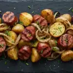 Delicious Fried Potatoes and Onions with Smoked Polish Sausage 7 Fried Potatoes and Onions with Smoked Polish Sausage on black slate with golden roasted potatoes, caramelized onions, grilled kielbasa slices, and fresh chives