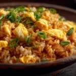 Fried rice with eggs, vegetables, and savory seasoning.