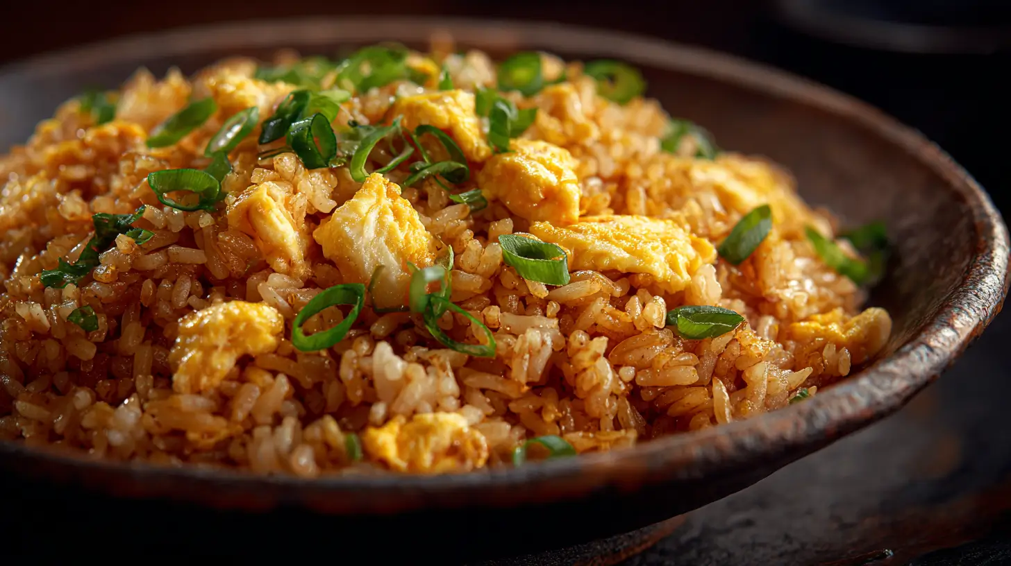 Fried rice with eggs, vegetables, and savory seasoning.