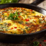 Oven-baked frittata recipe with eggs, vegetables, and cheese sliced and ready to serve.