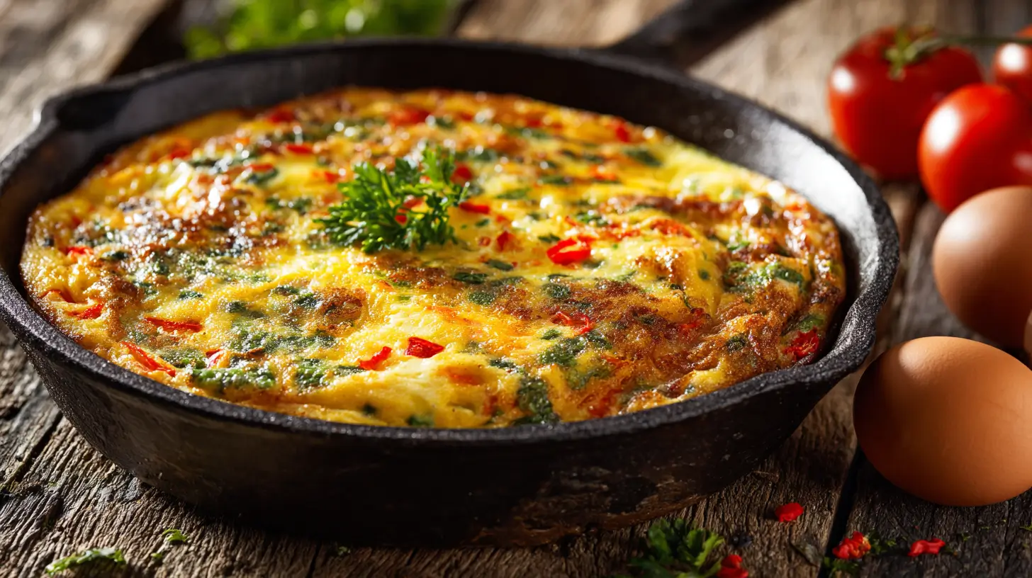 Oven-baked frittata recipe with eggs, vegetables, and cheese sliced and ready to serve.