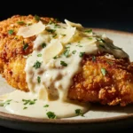 Quick and Easy Garlic Parmesan Chicken That Your Family Will Love! 7 Garlic Parmesan Chicken on a rustic plate with crispy golden breaded coating, creamy garlic parmesan sauce, fresh parsley, and parmesan shavings