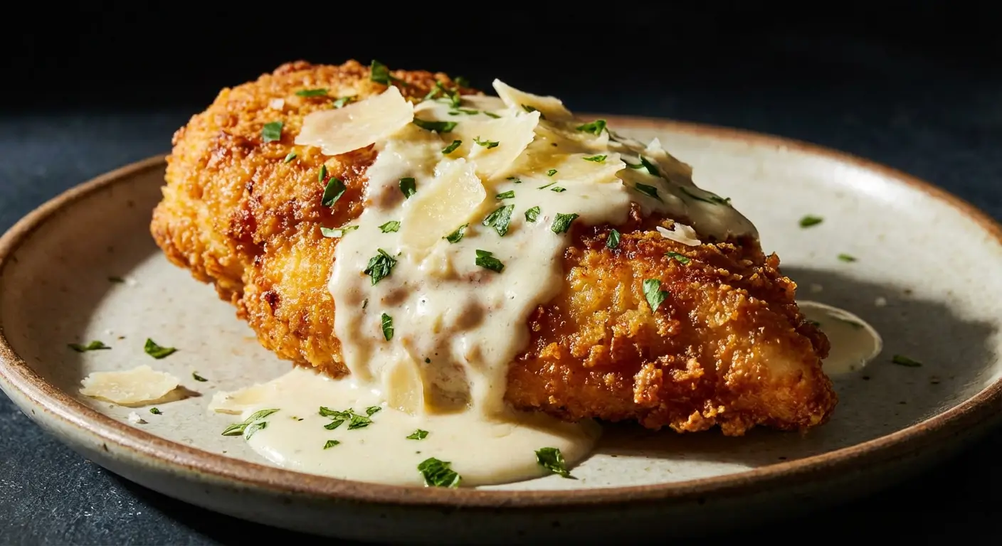Quick and Easy Garlic Parmesan Chicken That Your Family Will Love! 4 Garlic Parmesan Chicken on a rustic plate with crispy golden breaded coating, creamy garlic parmesan sauce, fresh parsley, and parmesan shavings