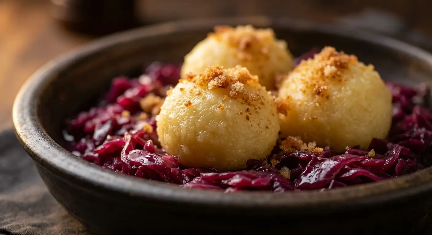 German Cabbage and Dumplings on dark ceramic plate with three fluffy potato dumplings topped with breadcrumb topping on bed of braised red cabbage
