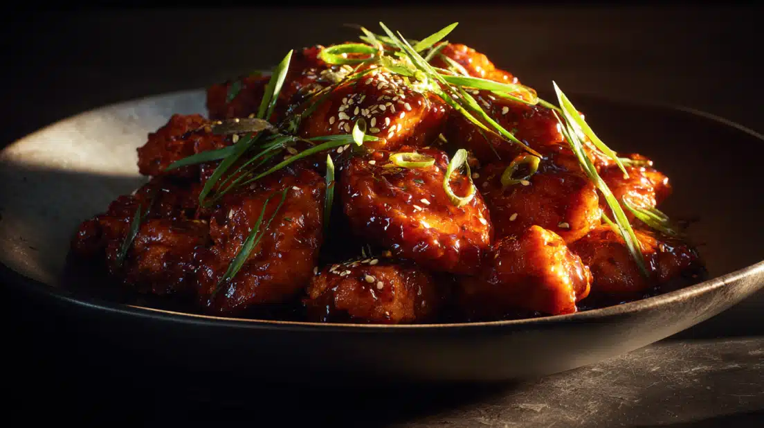Gochujang chicken coated in a spicy-sweet Korean chili sauce and garnished with sesame seeds.