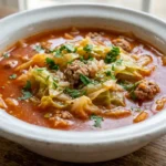 A bowl of Golumpki Soup filled with tomato broth, ground meat, cabbage, rice, and garnished with fresh herbs.