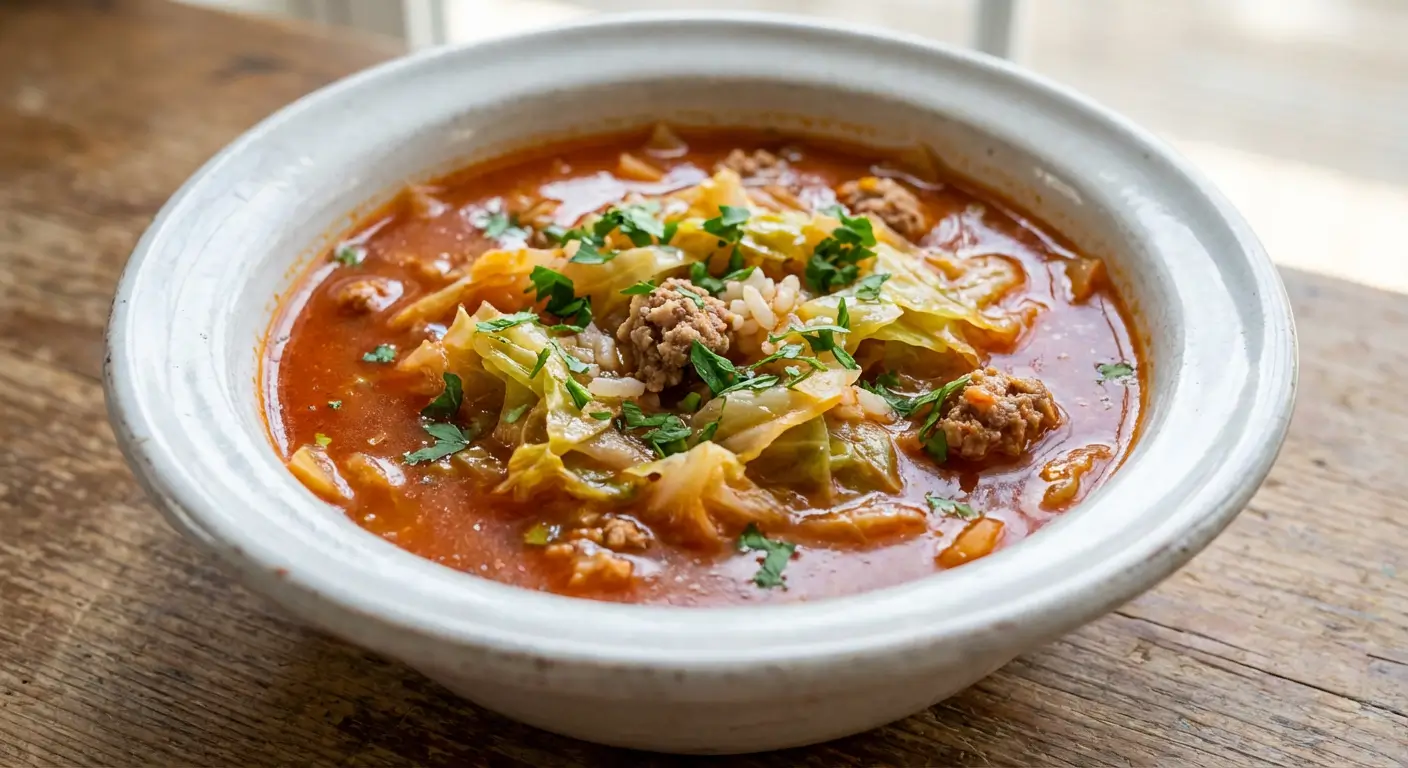 A bowl of Golumpki Soup filled with tomato broth, ground meat, cabbage, rice, and garnished with fresh herbs.