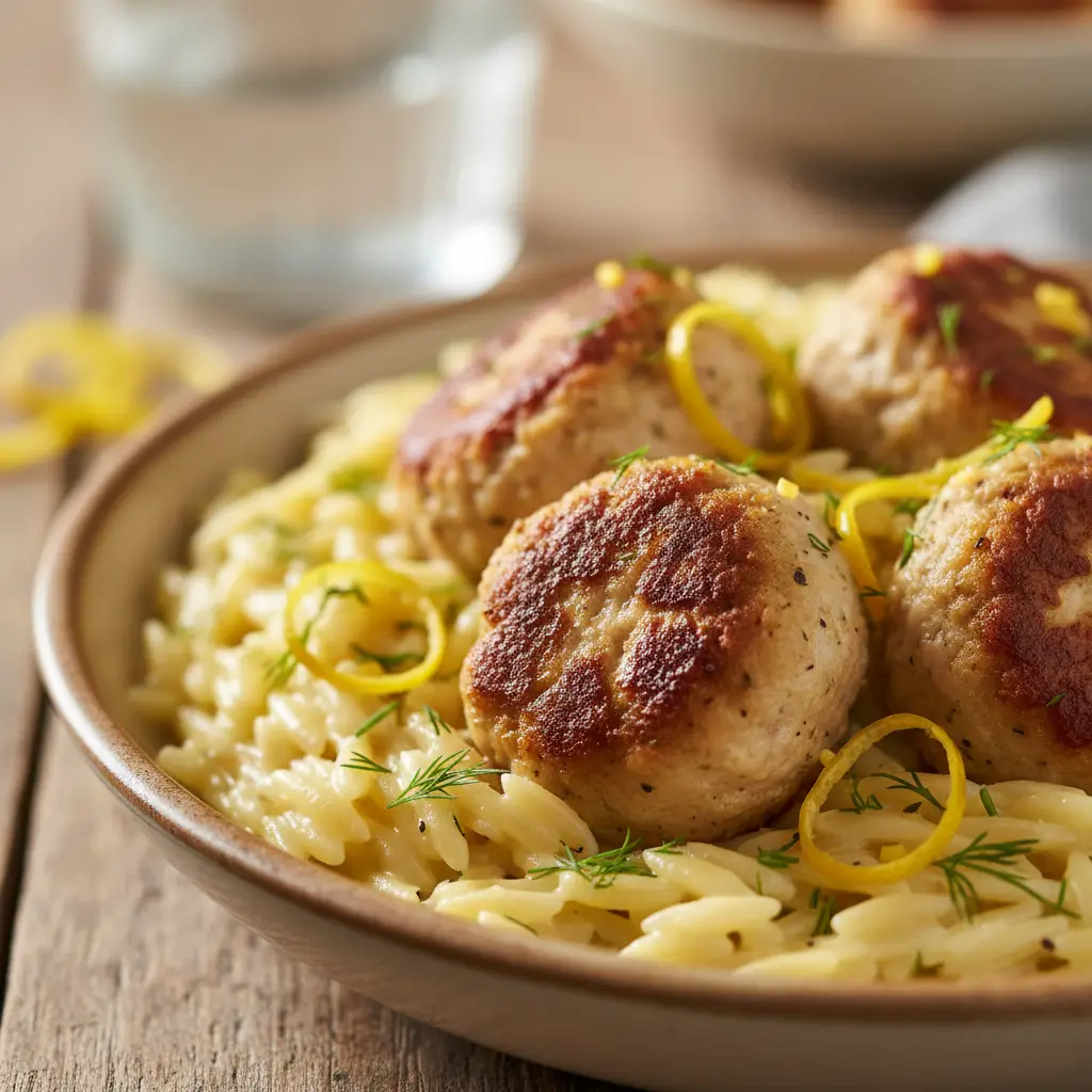 Greek Chicken Meatballs with Lemon Orzo (Quick and Easy) 4 Greek chicken meatballs served over lemon orzo pasta, garnished with fresh dill and lemon zest.