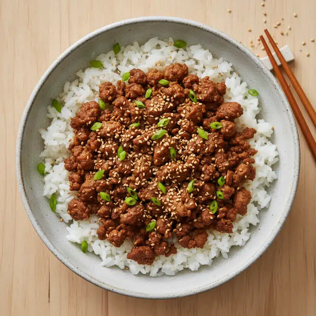 Korean-style ground turkey served over white rice, topped with sesame seeds and sliced green onions.