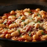 Italian Veggie Skillet in cast iron pan with white beans, rice, tomato sauce, and melted mozzarella cheese garnished with fresh basil on wooden table