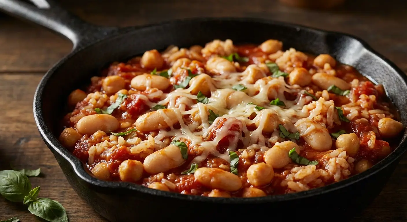 Italian Veggie Skillet in cast iron pan with white beans, rice, tomato sauce, and melted mozzarella cheese garnished with fresh basil on wooden table