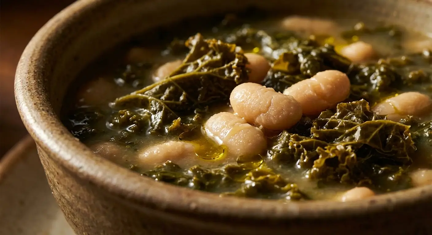 Kale and Cannellini Bean Soup: Perfect for Busy Families! 4 Kale and Cannellini Bean Soup in rustic ceramic bowl with dark green kale ribbons, creamy white cannellini beans, and golden olive oil drizzle
