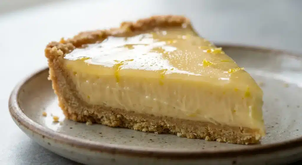 Lemon Pie with Condensed Milk slice on speckled ceramic plate showing creamy yellow filling, graham cracker crust, and glossy lemon curd topping
