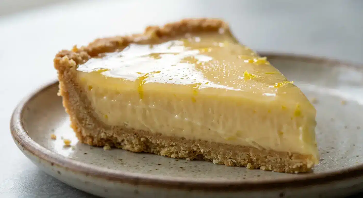Simple Lemon Pie with Condensed Milk: The Best Dessert! 4 Lemon Pie with Condensed Milk slice on speckled ceramic plate showing creamy yellow filling, graham cracker crust, and glossy lemon curd topping