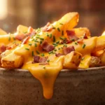 The Ultimate Loaded Fries: A Family Favorite! 7 Loaded Fries in a rustic stone bowl with melted cheese sauce dripping down, crispy bacon bits, and fresh chives in warm golden lighting