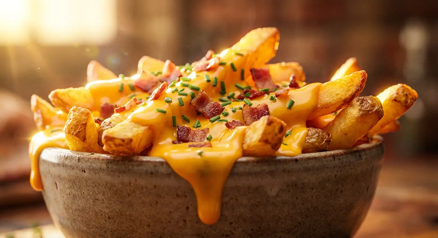 The Ultimate Loaded Fries: A Family Favorite! 4 Loaded Fries in a rustic stone bowl with melted cheese sauce dripping down, crispy bacon bits, and fresh chives in warm golden lighting