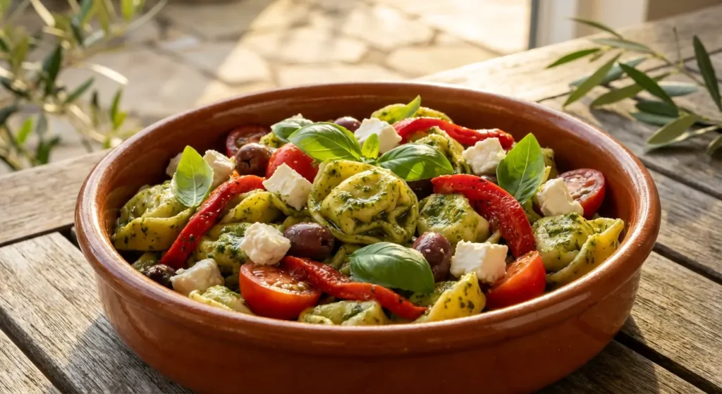 A bowl of Mediterranean tortellini salad with pesto-coated tortellini, cherry tomatoes, olives, roasted red peppers, feta cheese, and fresh basil.