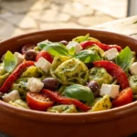 A bowl of Mediterranean tortellini salad with pesto-coated tortellini, cherry tomatoes, olives, roasted red peppers, feta cheese, and fresh basil.