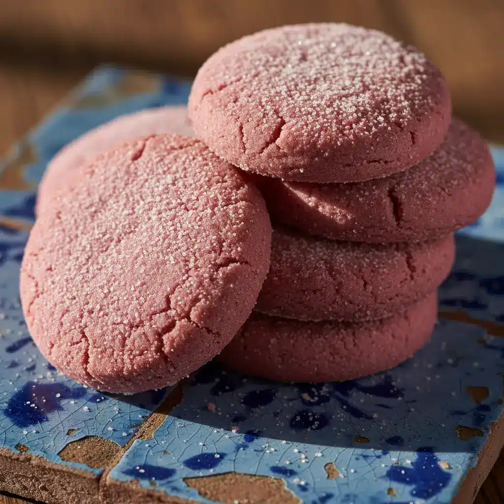Easy Mexican Pink Cookies (Rosy Powdered Cookies) 1 Alt Text: Mexican Pink Cookies stacked on distressed blue wooden board, showing crackled pink surface dusted with coarse sugar and soft texture