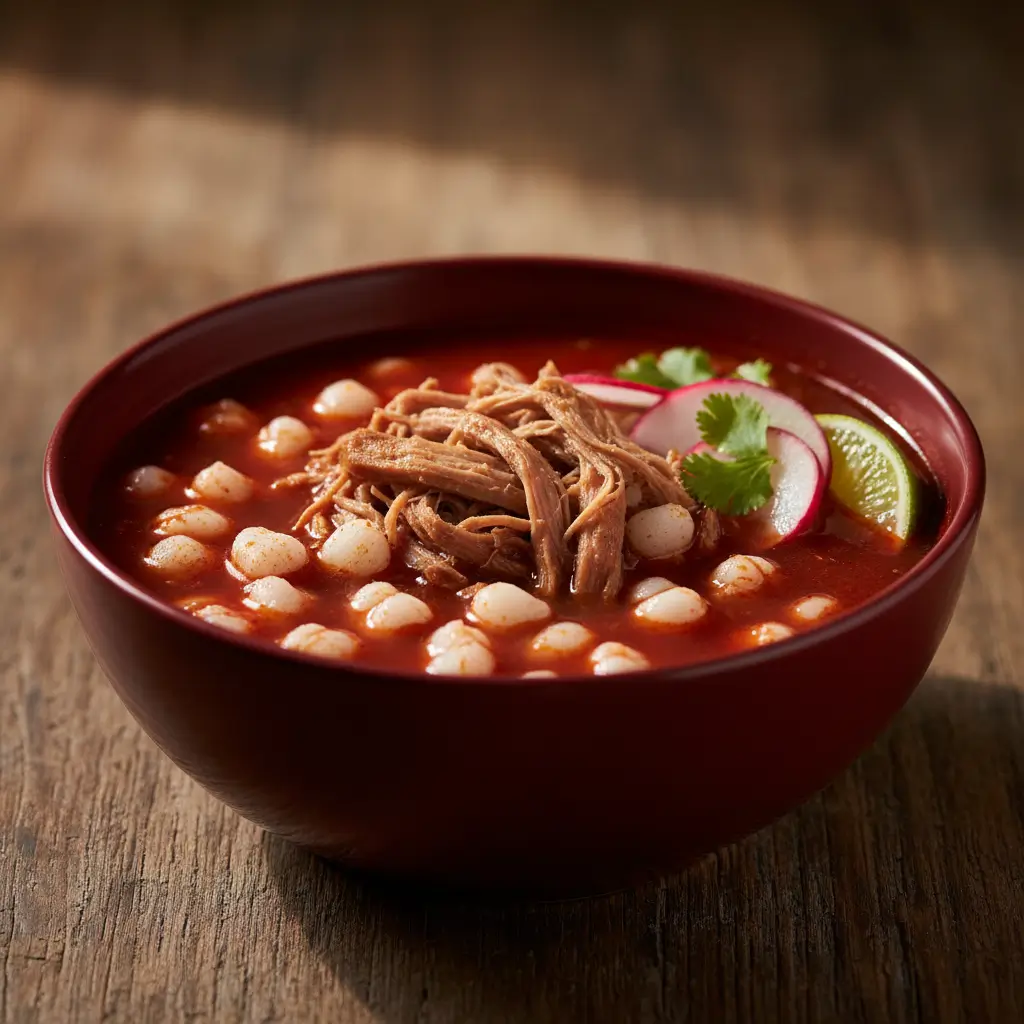 Traditional Mexican pork pozole with tender pork, hominy, rich red broth, and fresh toppings.