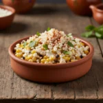 Mexican street corn salad with roasted corn, creamy dressing, cotija cheese, cilantro, and chili powder.