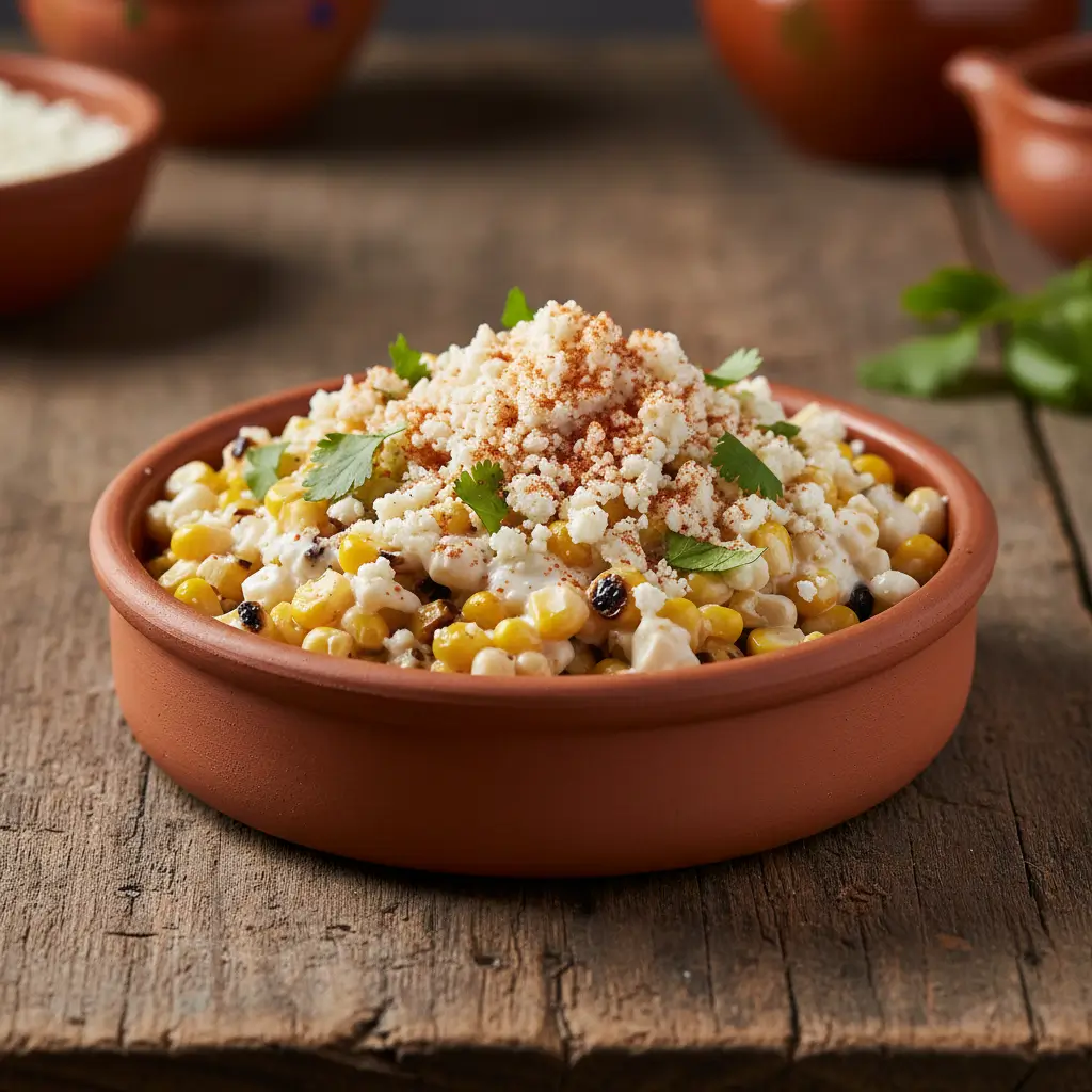Mexican street corn salad with roasted corn, creamy dressing, cotija cheese, cilantro, and chili powder.