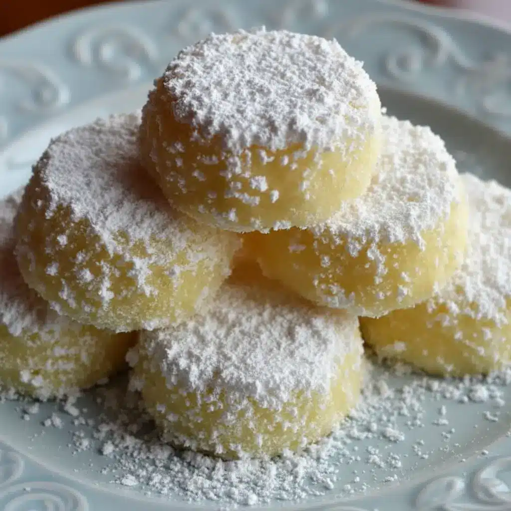 Meyer Lemon Meltaways cookies stacked on a blue decorative plate, coated in thick powdered sugar with pale yellow centers visible