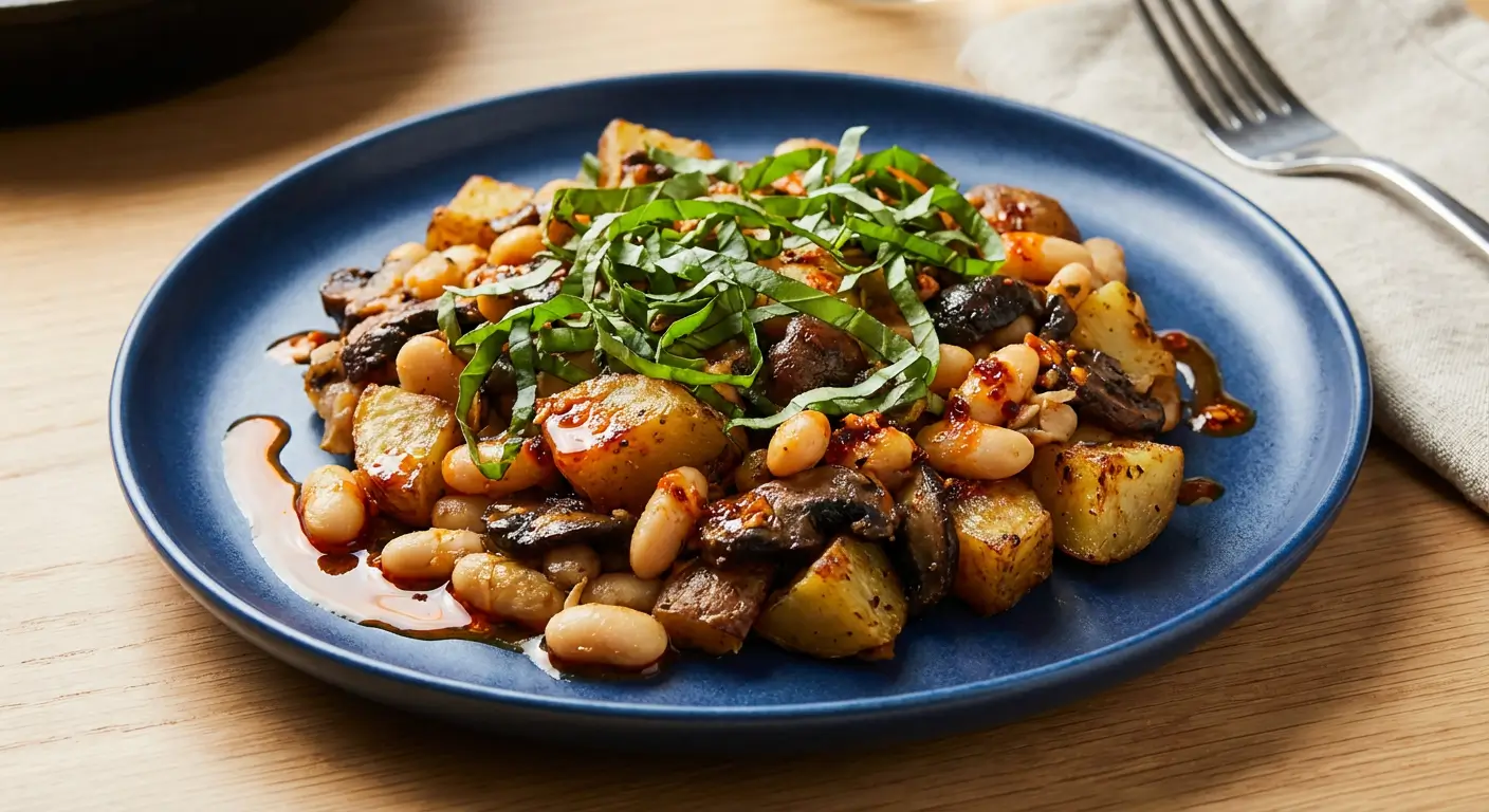 Delicious Mushroom and Kale Cannellini Bean Skillet 4 Mushroom and Kale Cannellini Bean Skillet on blue plate with golden roasted potatoes, white beans, sautéed mushrooms, and fresh basil ribbons on wooden table