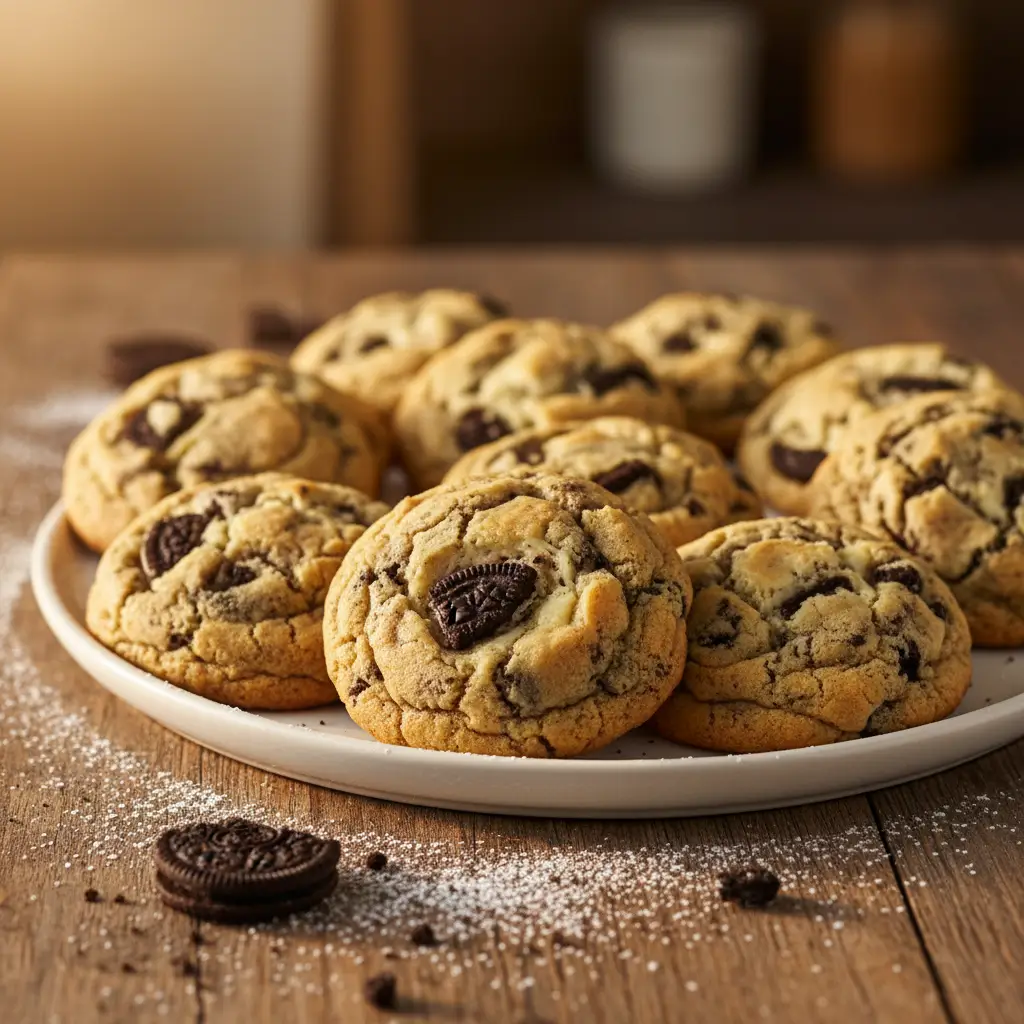 Oreo Cheesecake Cookies on white plate with golden-brown edges, chunks of Oreo cookies throughout, and crackled tops on rustic wooden table