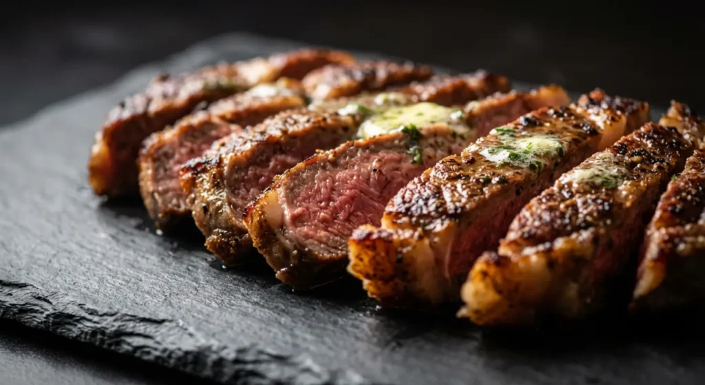 Pan-seared steak sliced on black slate showing perfectly cooked medium-rare beef with caramelized crust and herb butter on top