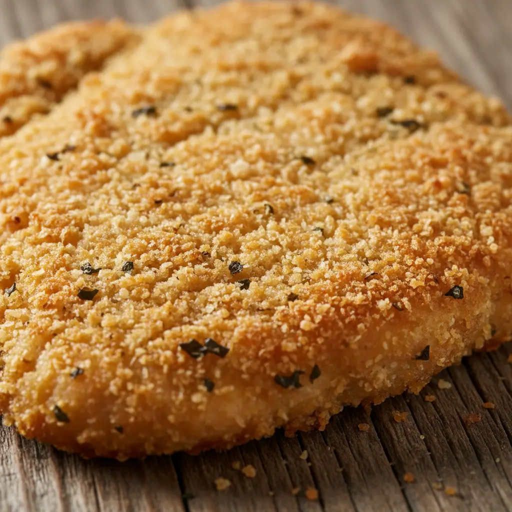 Golden-brown Parmesan-basil chicken cutlet with a crispy breadcrumb coating on a wooden surface.