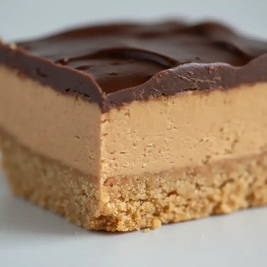 Peanut butter bar with a thick chocolate topping and crumbly cookie base on a white background.