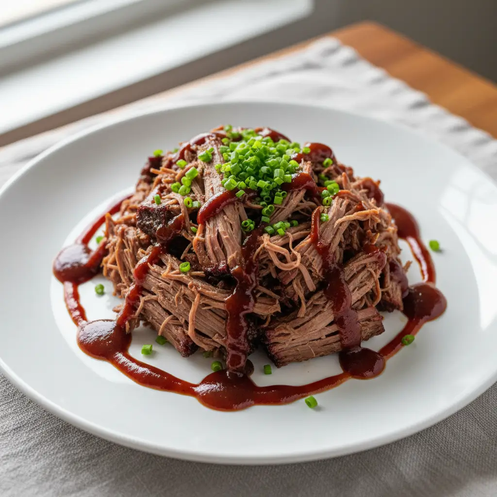 Slow-cooked pulled beef brisket shredded and served with rich barbecue sauce
