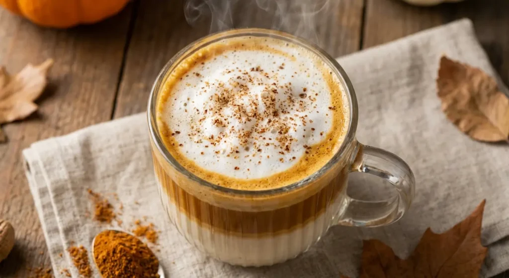Pumpkin Coconut Milk Latte in a clear glass mug with layered milk and espresso, topped with foam and pumpkin spice, steaming on rustic wooden table with autumn leaves